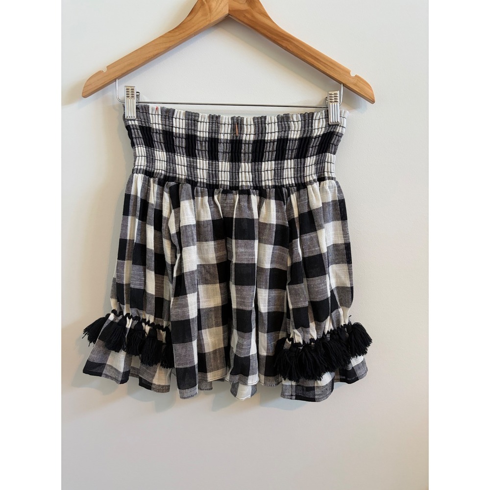 MISA Los Angeles Black White Gingham Smocked Off Shoulder Tassel Top Small
